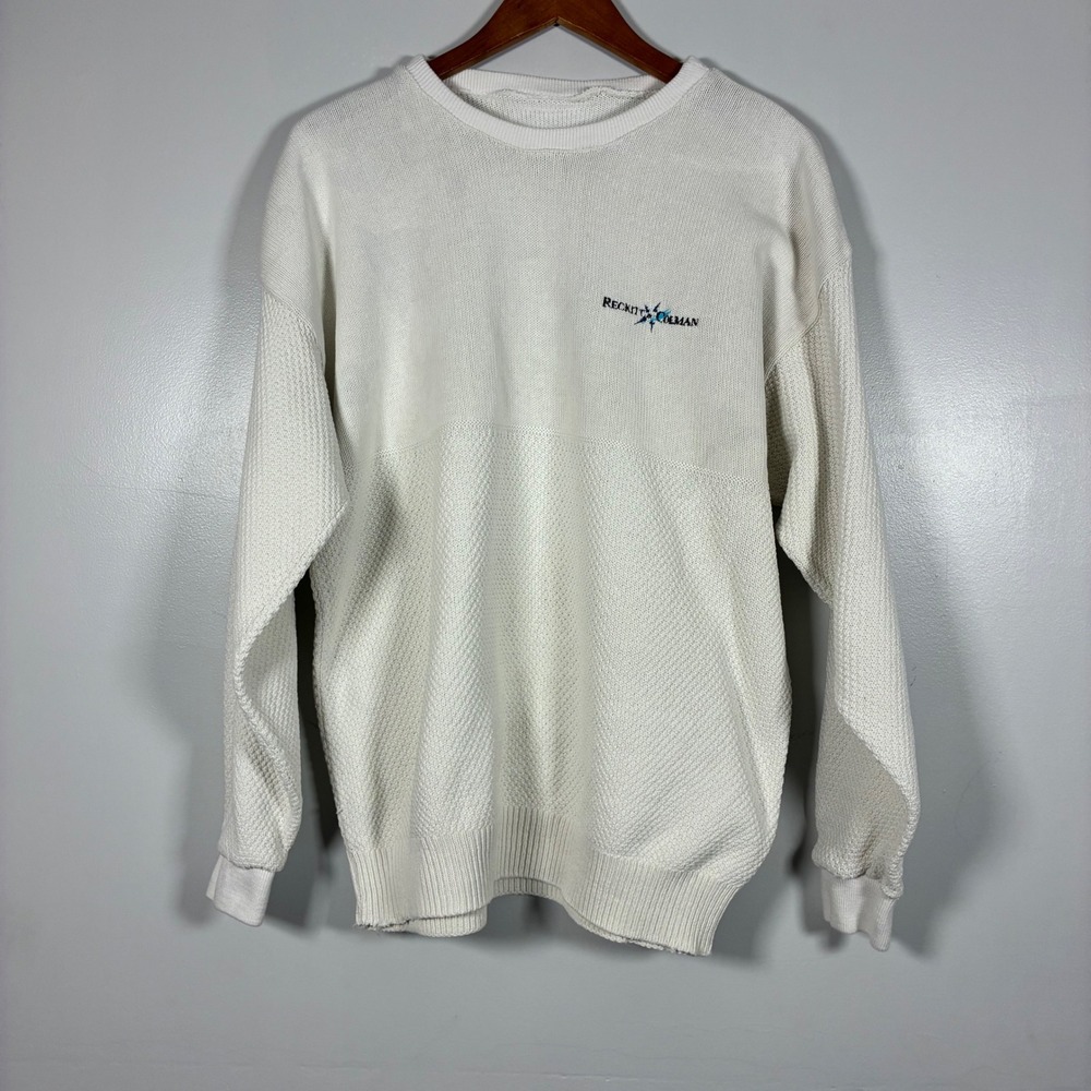 Vtg Reckitt & Colman Sweater XL Embroidered Logo Textured Knit Retro